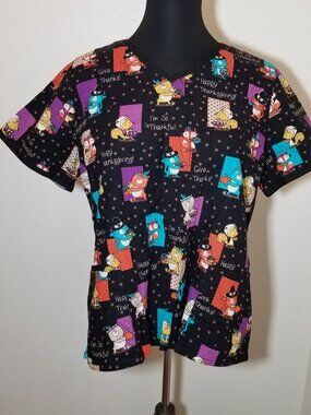 Cherokee Black Womens 2X Thanksgiving Scrub Top Nursing Medical Vet Turkey Fall
